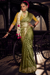 Lassitude Green Pure Viscose Tissue Banarasi Silk Saree With Staring Blouse Piece