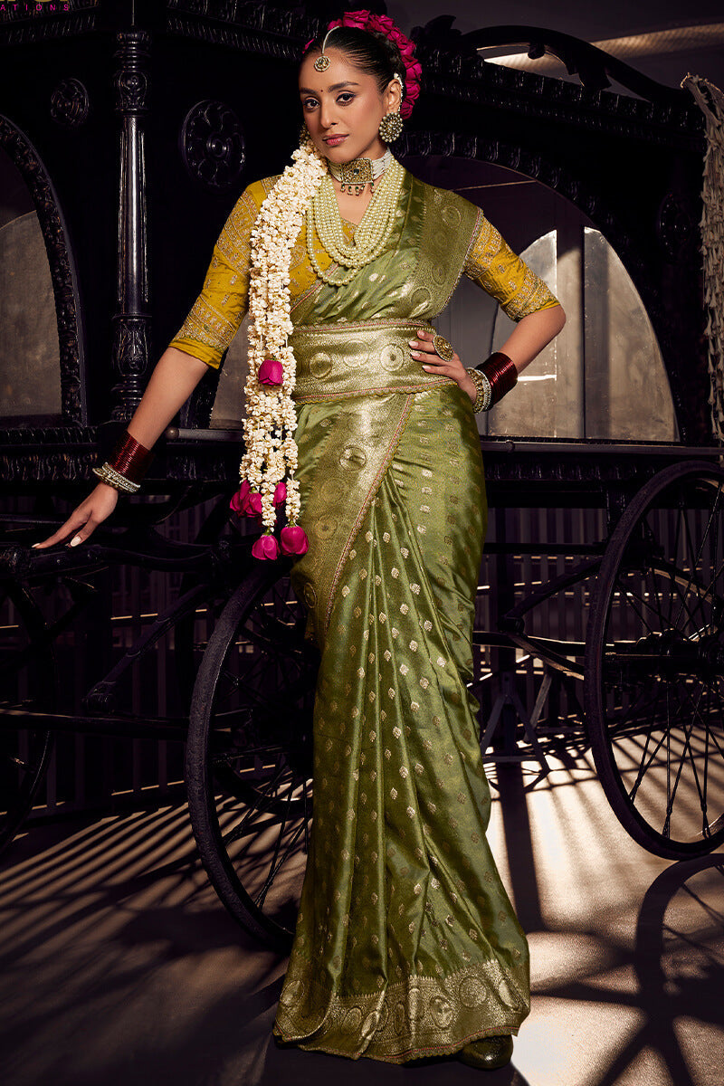 Lassitude Green Pure Viscose Tissue Banarasi Silk Saree With Staring Blouse Piece