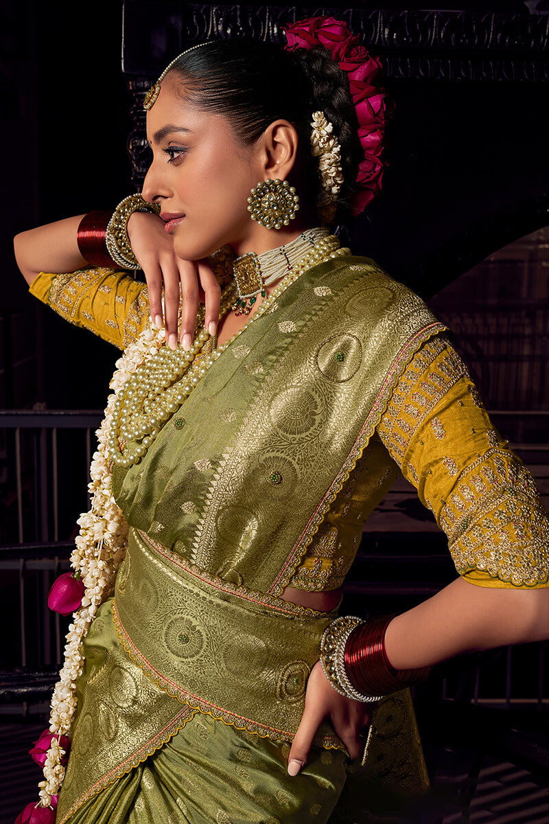 Lassitude Green Pure Viscose Tissue Banarasi Silk Saree With Staring Blouse Piece