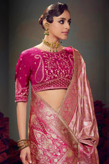 Supernal Baby Pink Banarasi Satin Silk Saree With Elision Blouse Piece