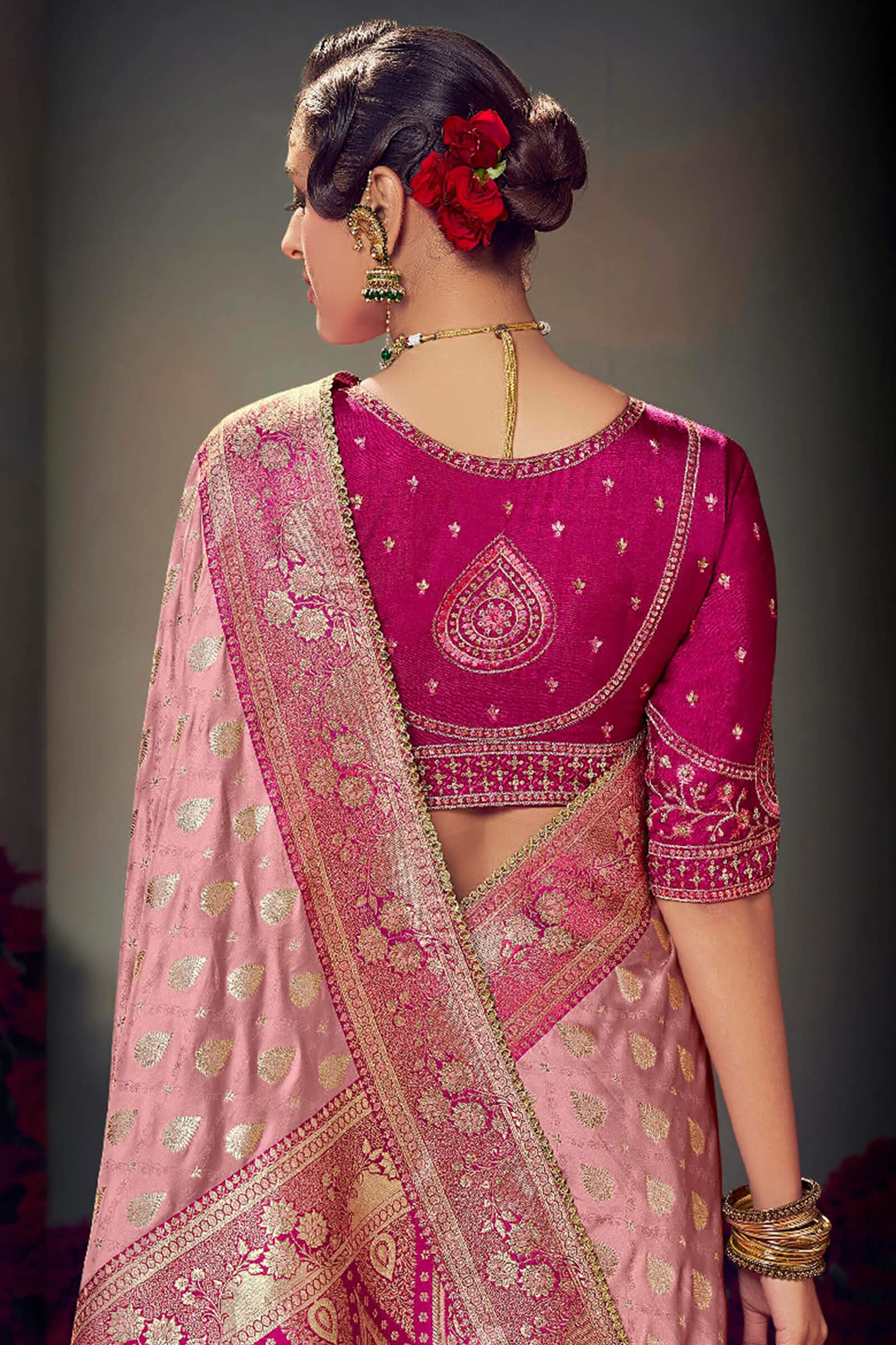 Supernal Baby Pink Banarasi Satin Silk Saree With Elision Blouse Piece