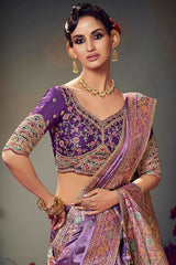 Unequalled Lavender Banarasi Satin Silk Saree With Admirable Blouse Piece