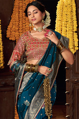 Lovely Teal Blue Pure Viscose Dola Silk Saree With Exceptional Blouse Piece