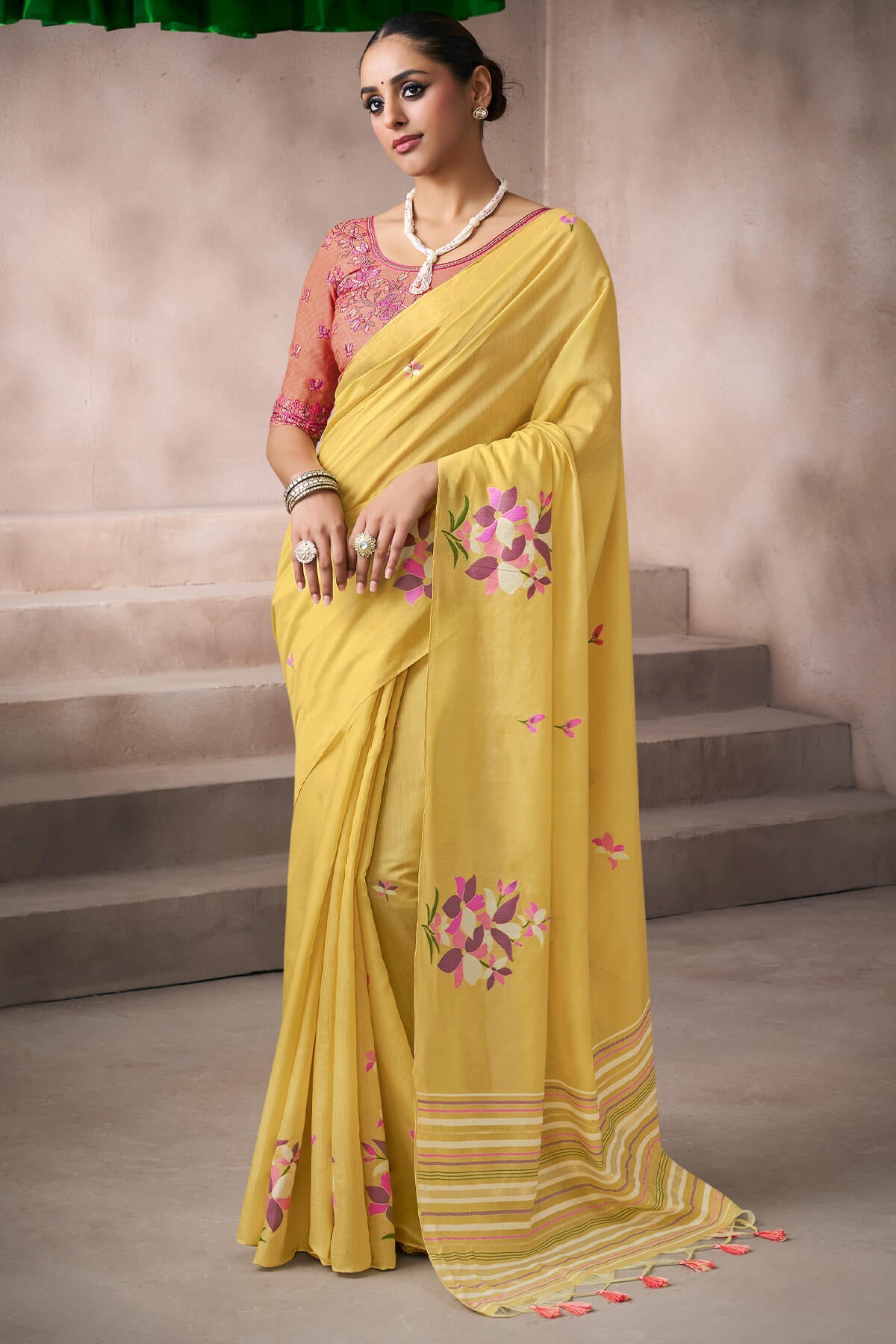Intricate Yellow Viscose Cotton Silk Saree With Panoply Blouse Piece