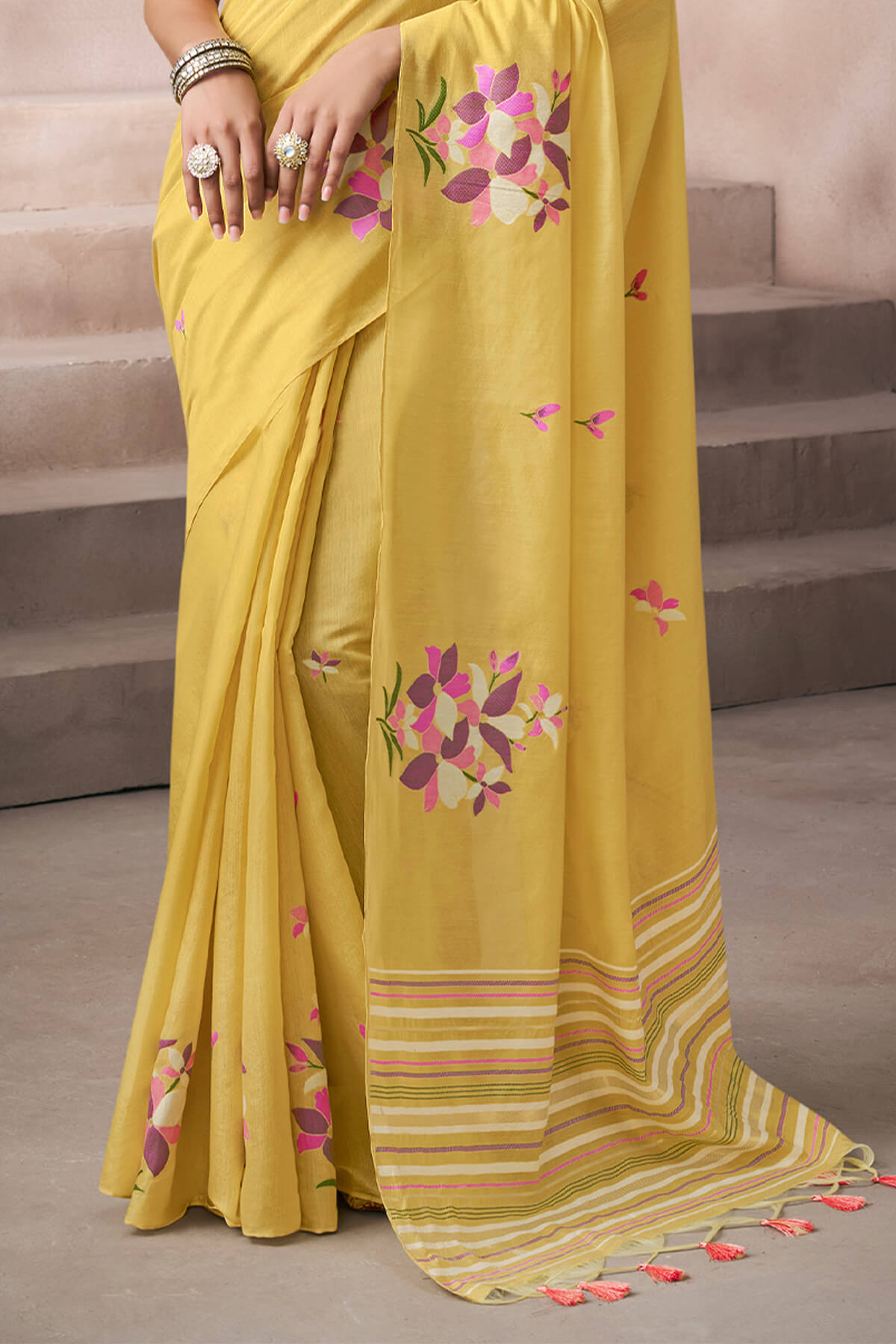 Intricate Yellow Viscose Cotton Silk Saree With Panoply Blouse Piece