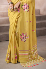 Intricate Yellow Viscose Cotton Silk Saree With Panoply Blouse Piece