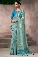 Seraglio Sky Viscose Cotton Silk Saree With Exquisite Blouse Piece
