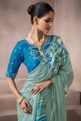 Seraglio Sky Viscose Cotton Silk Saree With Exquisite Blouse Piece