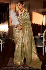 Adorable Pista Paithani Silk Saree With Ideal Blouse Piece