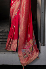 Elegant Red Pure Viscose Dola Silk Saree With Dissemble Blouse Piece