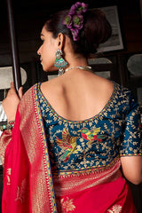 Elegant Red Pure Viscose Dola Silk Saree With Dissemble Blouse Piece