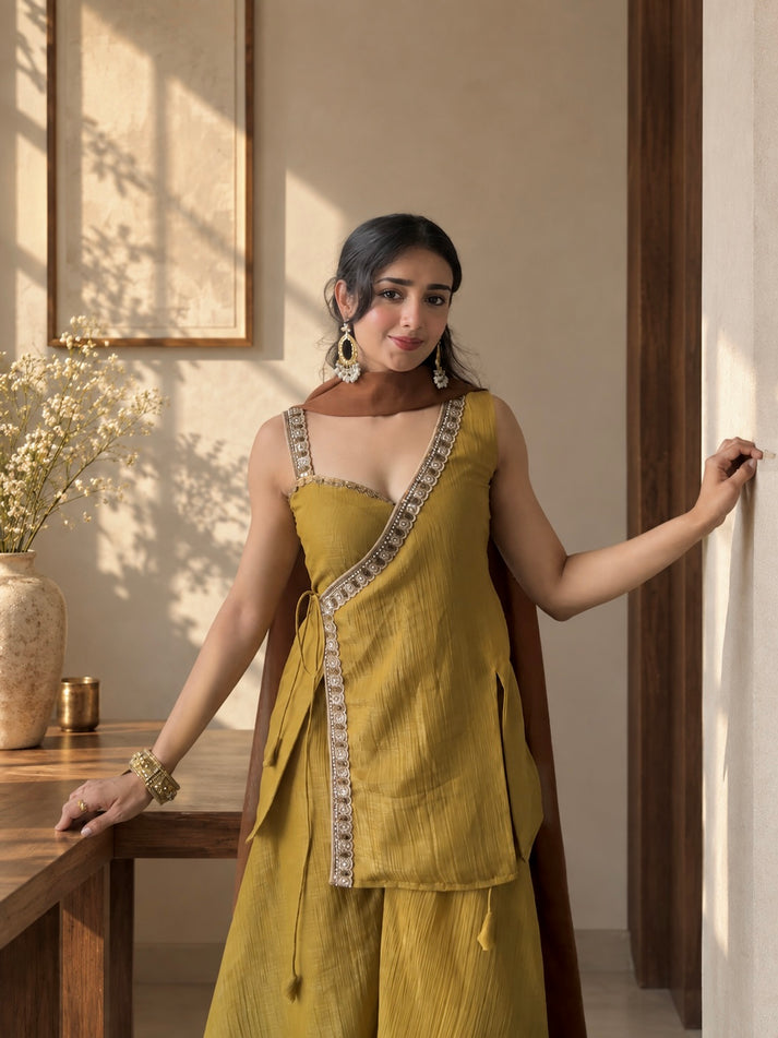 Mustard yellow asymmetric angrakha kurta set with flared sharara dupatta