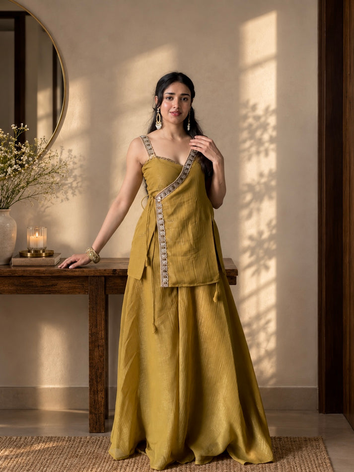 Mustard yellow asymmetric angrakha kurta set with flared sharara dupatta