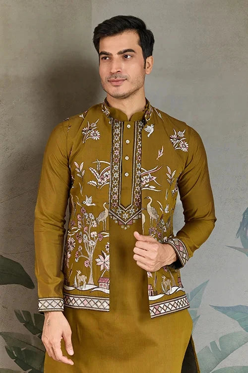 Golden Olive Open Koti Style Kurta Pajama Set for Men