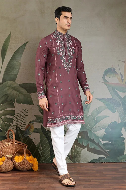 Embroidered Pastel Chocolate Kurta for Men Wear