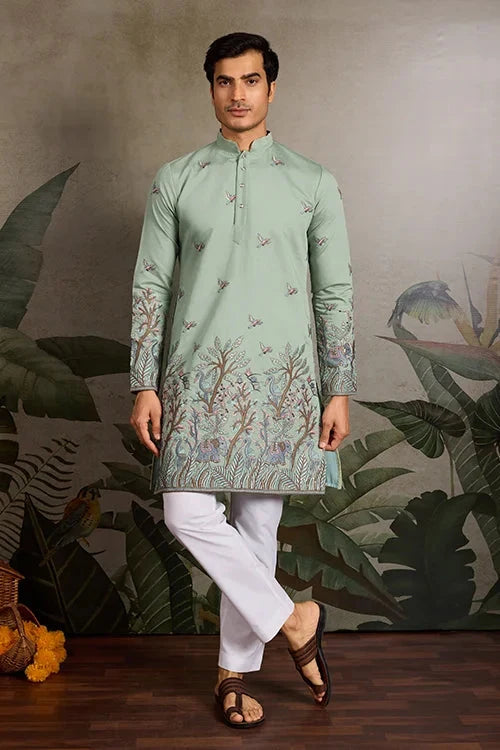 Embroidered Pista Green Wedding Kurta for Mens