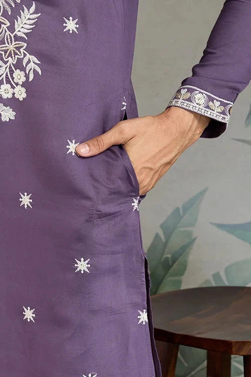 Pastel Purple Embroidered Viscose Silk Kurta Set