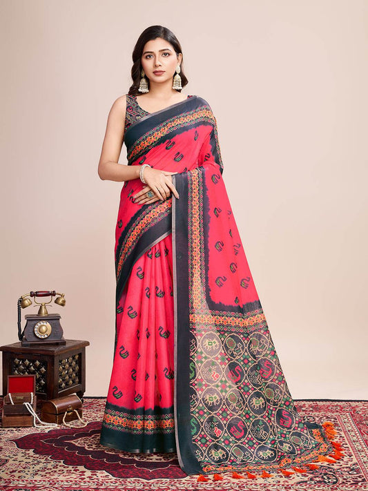 Pink Linen Blend Saree With Blouse Piece