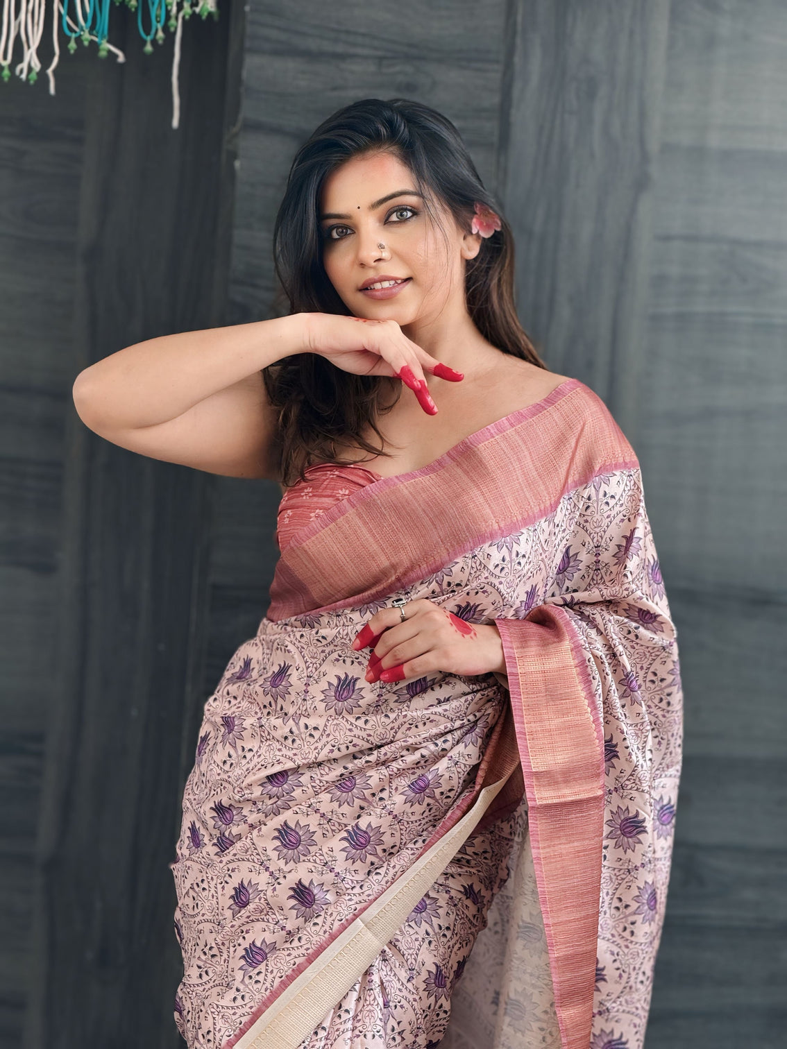 Lavender assam silk floral printed saree with zari woven border