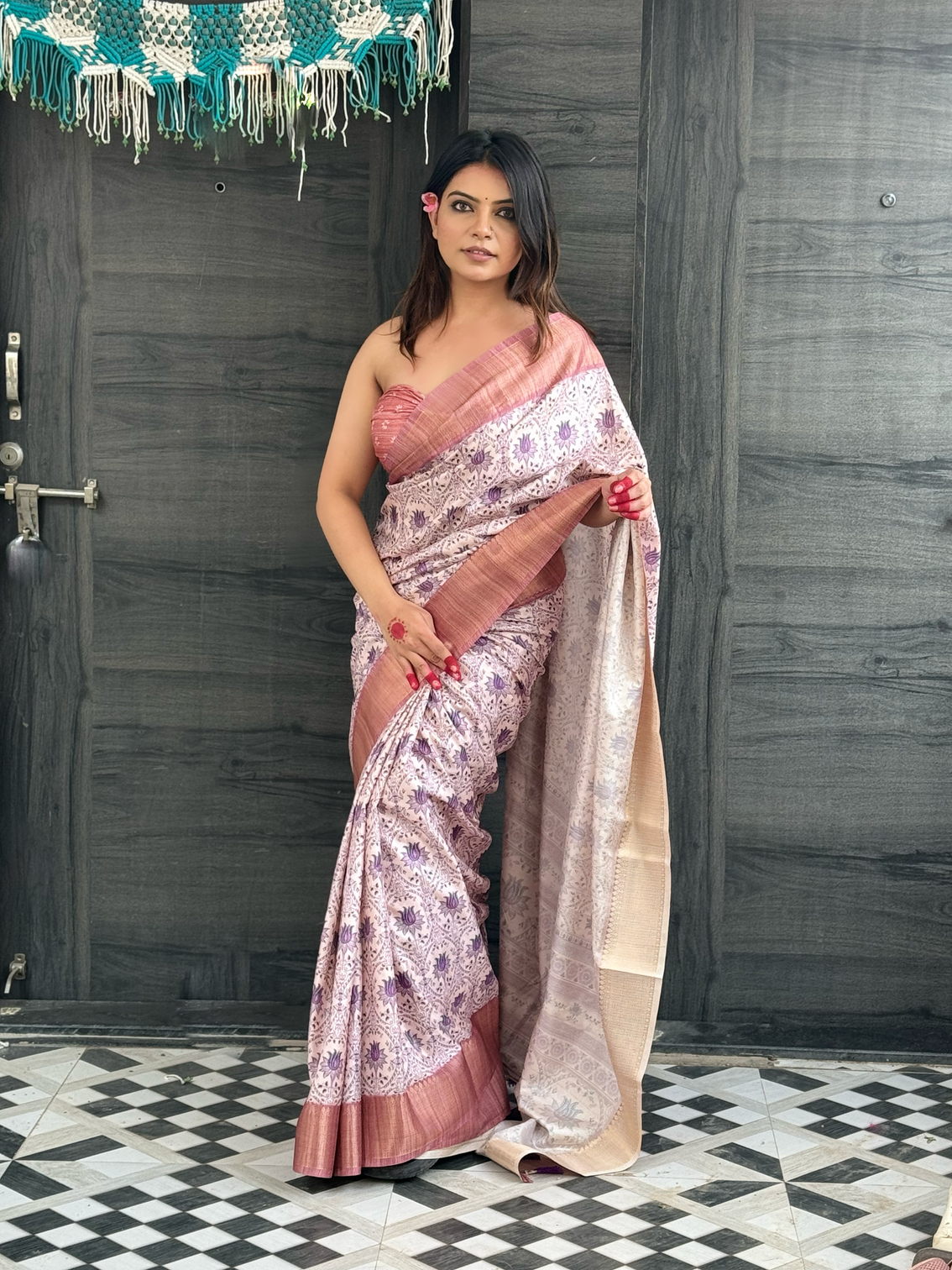 Lavender assam silk floral printed saree with zari woven border