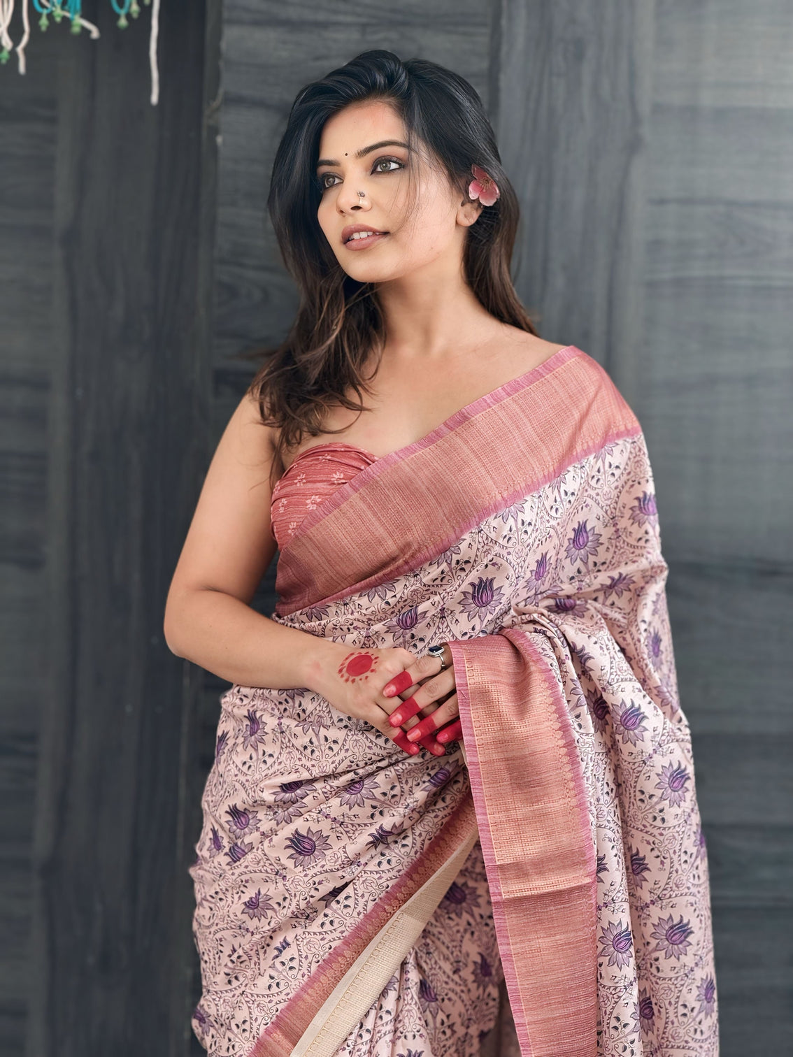 Lavender assam silk floral printed saree with zari woven border