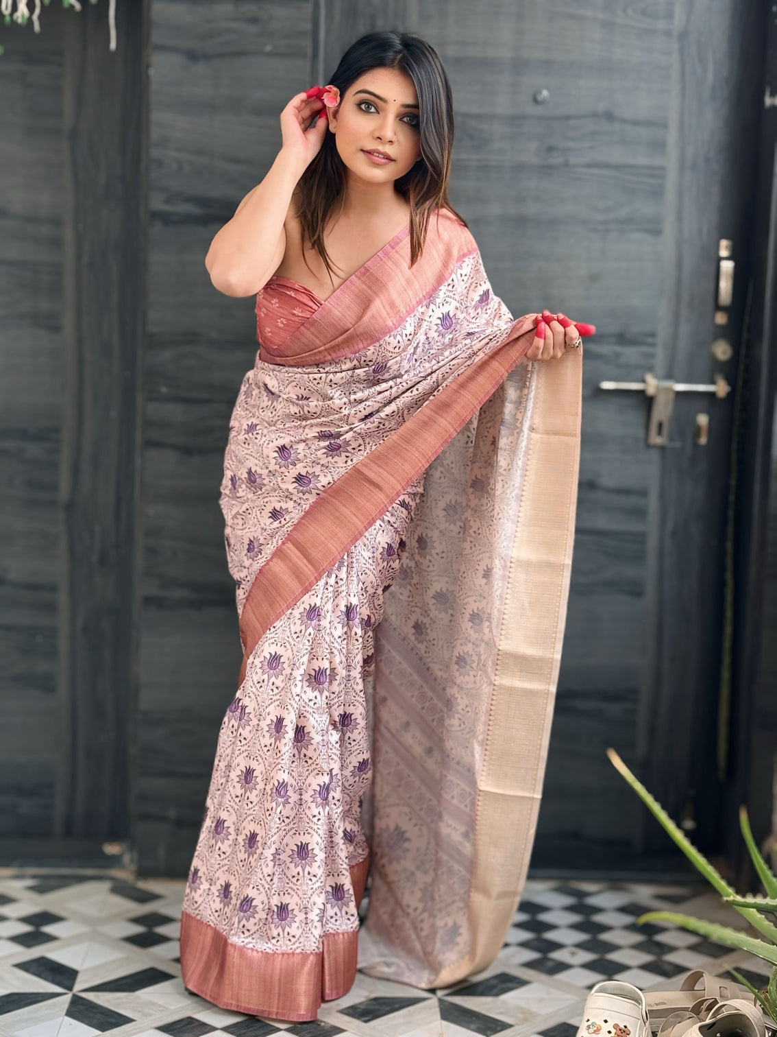 Lavender assam silk floral printed saree with zari woven border