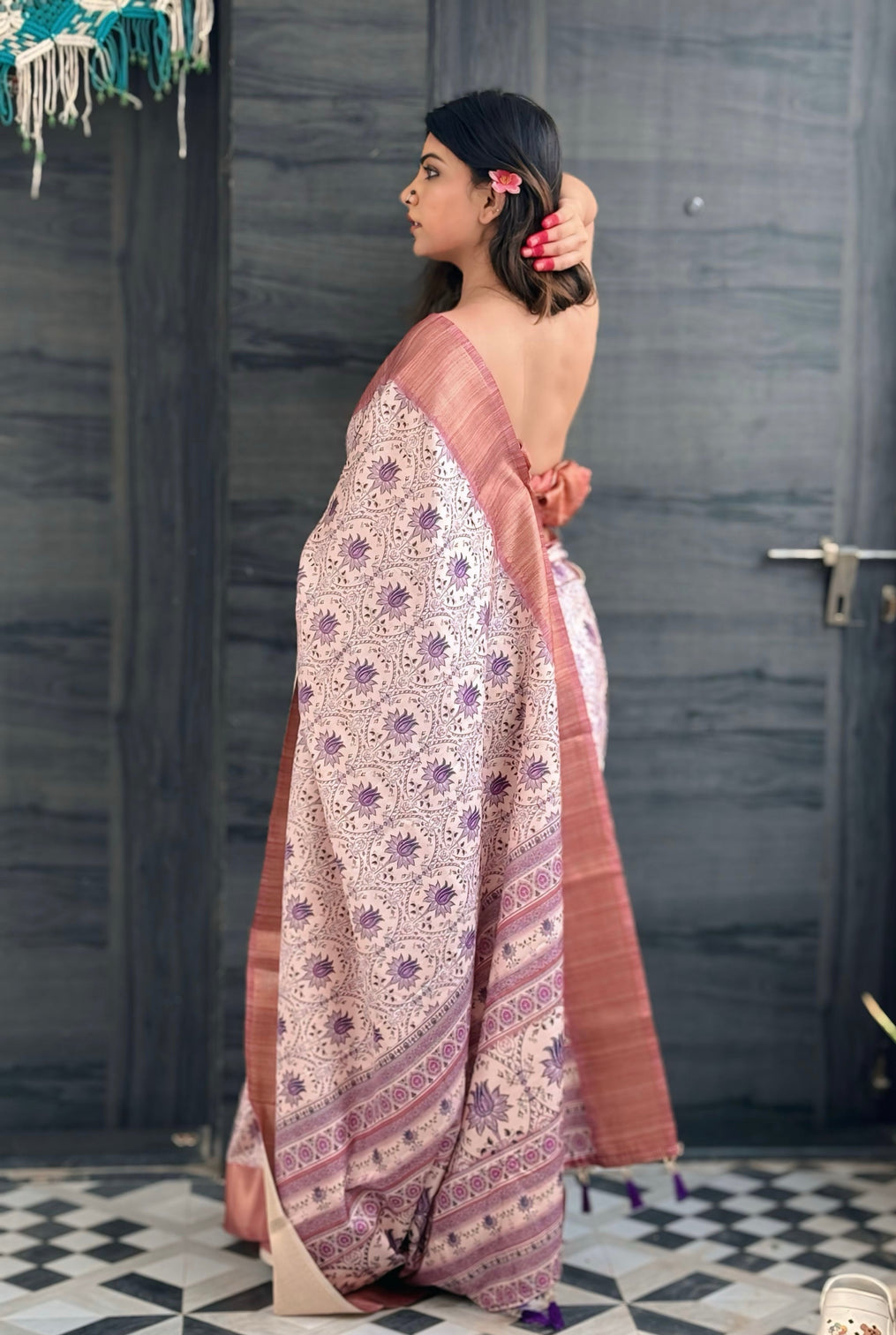 Lavender assam silk floral printed saree with zari woven border