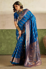 Glorious Blue Pure Zari Weaving Banarasi Silk Saree With Gratifying Blouse Piece