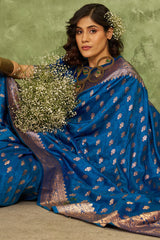 Glorious Blue Pure Zari Weaving Banarasi Silk Saree With Gratifying Blouse Piece
