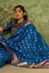Glorious Blue Pure Zari Weaving Banarasi Silk Saree With Gratifying Blouse Piece