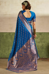 Glorious Blue Pure Zari Weaving Banarasi Silk Saree With Gratifying Blouse Piece