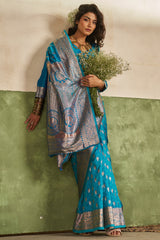 Efflorescence Firozi Pure Zari Weaving Banarasi Silk Saree With Amazing Blouse Piece