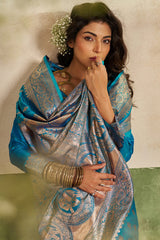 Efflorescence Firozi Pure Zari Weaving Banarasi Silk Saree With Amazing Blouse Piece