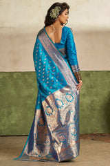 Efflorescence Firozi Pure Zari Weaving Banarasi Silk Saree With Amazing Blouse Piece