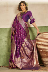 Dissemble Purple Pure Zari Weaving Banarasi Silk Saree With Majestic Blouse Piece