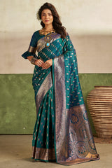 Stunner Rama Pure Zari Weaving Banarasi Silk Saree With Artistic Blouse Piece