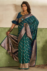 Stunner Rama Pure Zari Weaving Banarasi Silk Saree With Artistic Blouse Piece