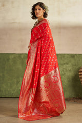 Scintilla Red Pure Zari Weaving Banarasi Silk Saree With Sophisticated Blouse Piece