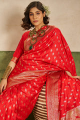Scintilla Red Pure Zari Weaving Banarasi Silk Saree With Sophisticated Blouse Piece
