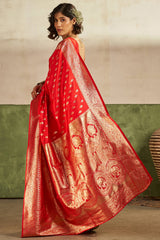 Scintilla Red Pure Zari Weaving Banarasi Silk Saree With Sophisticated Blouse Piece
