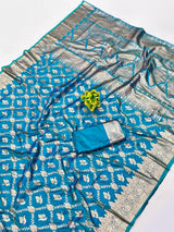 Jubilant Firozi Pure Zari Weaving Banarasi Silk Saree With Alluring Blouse Piece