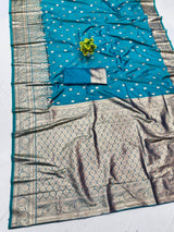 Lustrous Firozi Pure Zari Weaving Banarasi Silk Saree With Scrupulous Blouse Piece