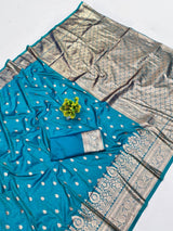 Lustrous Firozi Pure Zari Weaving Banarasi Silk Saree With Scrupulous Blouse Piece