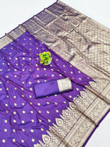 Deserving Purple Pure Zari Weaving Banarasi Silk Saree With Conflate Blouse Piece