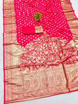 Tantalizing Dark Pink Pure Zari Weaving Banarasi Silk Saree With Gleaming Blouse Piece