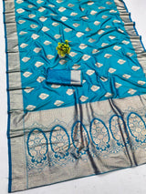 Tremendous Firozi Pure Zari Weaving Banarasi Silk Saree With Imaginative Blouse Piece