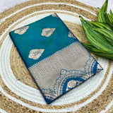 Symmetrical Rama Pure Zari Weaving Banarasi Silk Saree With Gossamer Blouse Piece