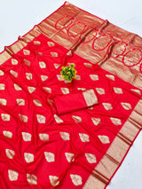 Gratifying Red Pure Zari Weaving Banarasi Silk Saree With Engrossing Blouse Piece