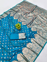 Enticing Firozi Pure Zari Weaving Banarasi Silk Saree With Dazzling Blouse Piece