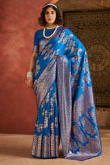 Ethereal Blue Pure Zari Weaving Banarasi Silk Saree With Lassitude Blouse Piece